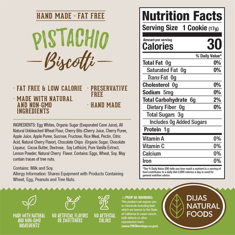 DIJAS Natural Foods, Individually Wrapped Fat Free Biscotti Cookies, All Natural Preservative Free Ingredients, Delicious Low Calorie Snack (12 oz, Pistachio) - Image 2
