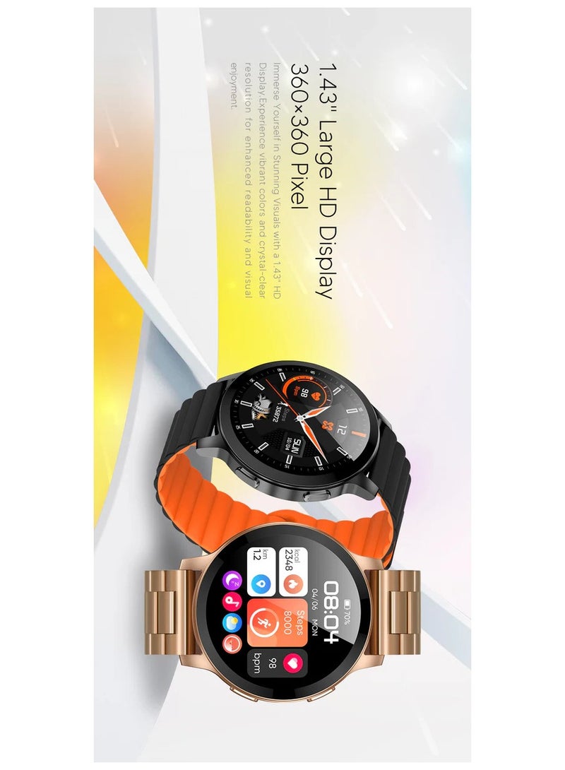 XINJI XINJI COBEE C3 Smart Watch 1.43" Bigger Display Bluetooth Calling 110+ Workout Modes All-Day Health Monitoring IP68 Waterproof Multiple Watch Faces Long Battery Life Magnetic Closure Strap Voice Assistant Golden  - Image 3