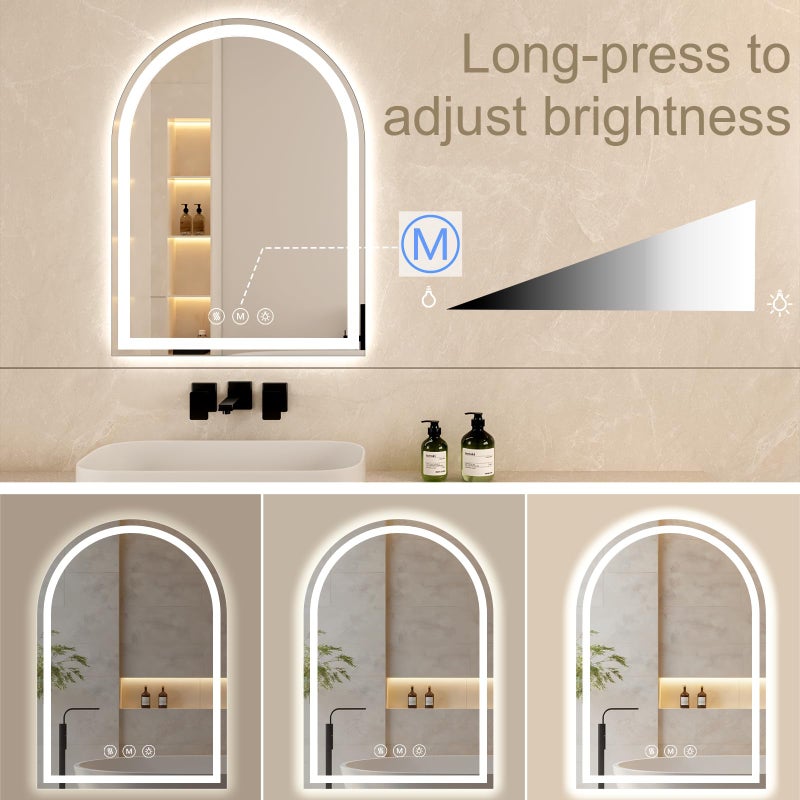 WISSMIELS Arched LED Bathroom Mirrors with Lights 24"x36" LED Mirror for Bathroom,Led Vanity Mirror, Anti-Fog,LED Mirrors with Light, Anti-Fog, Dimmable, 3 Color, Shatterproof, Touch Sensor - Image 5