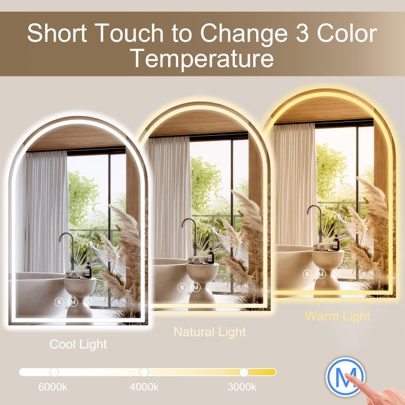 WISSMIELS Arched LED Bathroom Mirrors with Lights 24"x36" LED Mirror for Bathroom,Led Vanity Mirror, Anti-Fog,LED Mirrors with Light, Anti-Fog, Dimmable, 3 Color, Shatterproof, Touch Sensor - Image 3