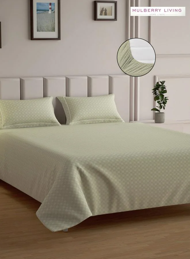 Mulberry Living 100% Cotton Queen Fitted Bedsheet With 2 Pillow Covers - 300Tc Urban Grid - Pearl