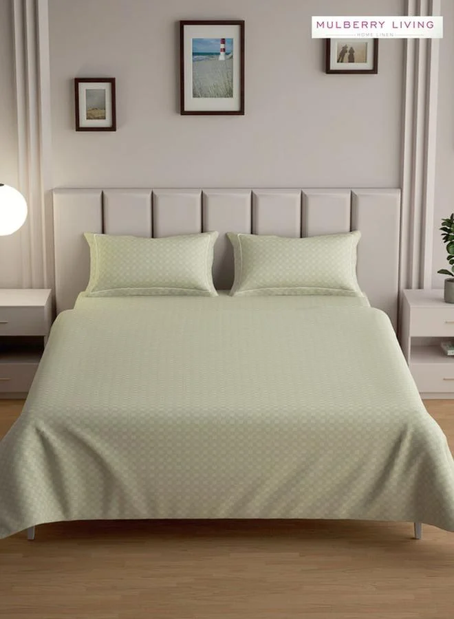Mulberry Living 100% Cotton Queen Fitted Bedsheet With 2 Pillow Covers - 300Tc Urban Grid - Pearl