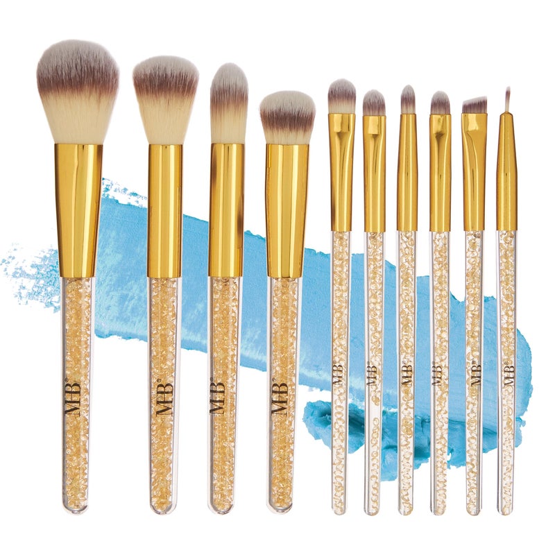 Expressions 10pc Gold Sparkling Gemstone Pro Makeup Brush Set Soft Bristle Professional Brushes for Everyday Use Foundation Contour Blending Eye Brushes for Women Glam Gorgeous - Image 3