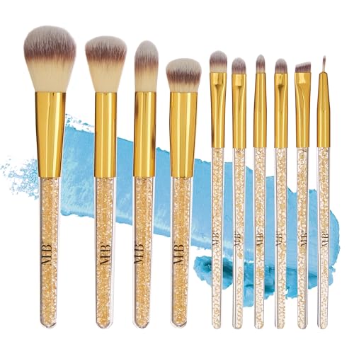 Expressions 10pc Gold Sparkling Gemstone Pro Makeup Brush Set Soft Bristle Professional Brushes for Everyday Use Foundation Contour Blending Eye Brushes for Women Glam Gorgeous - Image 1