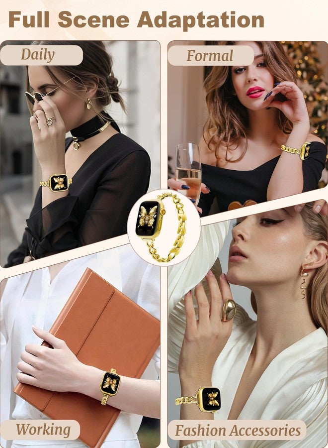 Exptmsn سلاسل ساعة ذهبية رفيعة للنساء أنيقة متوافقة مع سوار آبل 38mm 40mm 41mm 42mm (S10) حزام معدني قابل للتعديل رابط سوار لسلسلة iWatch 11/10/9/8/7/6/5/4/3/2/1/SE (بدون علبة) - Image 2