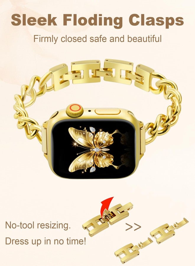 Exptmsn سلاسل ساعة ذهبية رفيعة للنساء أنيقة متوافقة مع سوار آبل 38mm 40mm 41mm 42mm (S10) حزام معدني قابل للتعديل رابط سوار لسلسلة iWatch 11/10/9/8/7/6/5/4/3/2/1/SE (بدون علبة) - Image 5