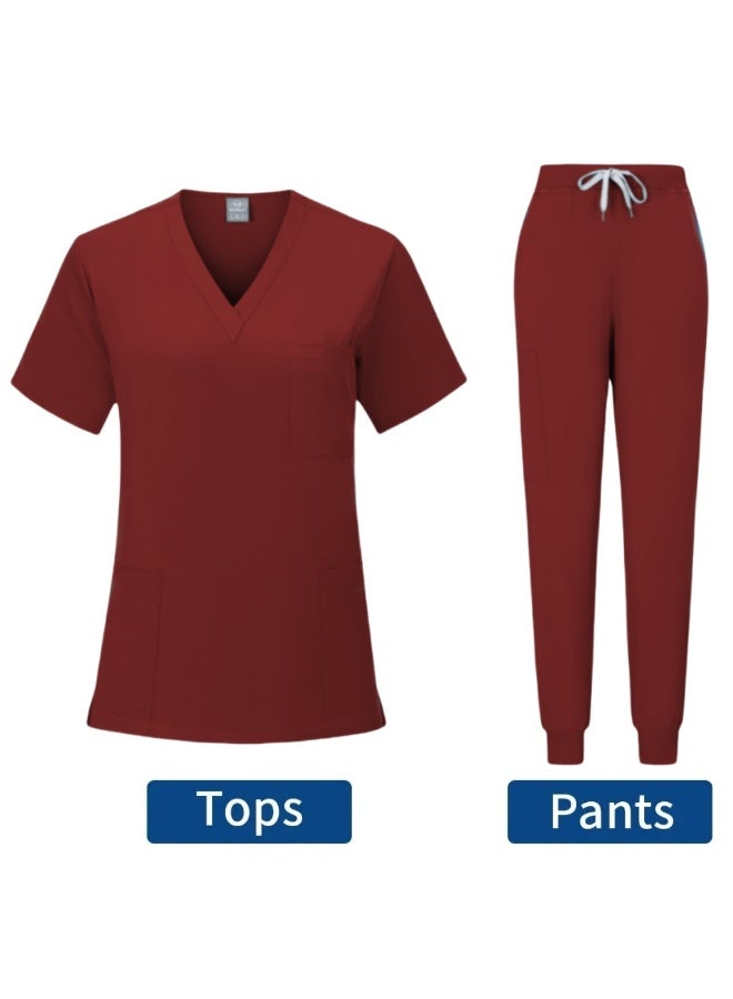 Loquat Womens Medical Scrubs Set Medical Uniform Set Wine Red - Image 1