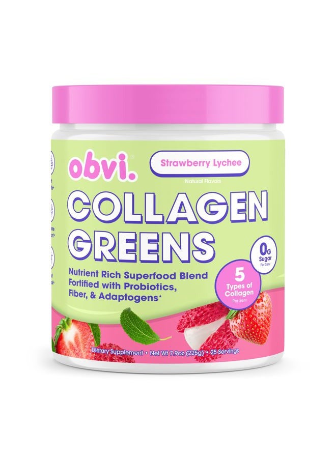 Obvi Collagen Greens | Organic Greens Superfood Powder with Collagen Peptides | Probiotics for Gut Health, Skin, Hair, Nails | Gluten-Free, Zero Sugar | Strawberry Lychee Flavor, 25 Servings - Image 1