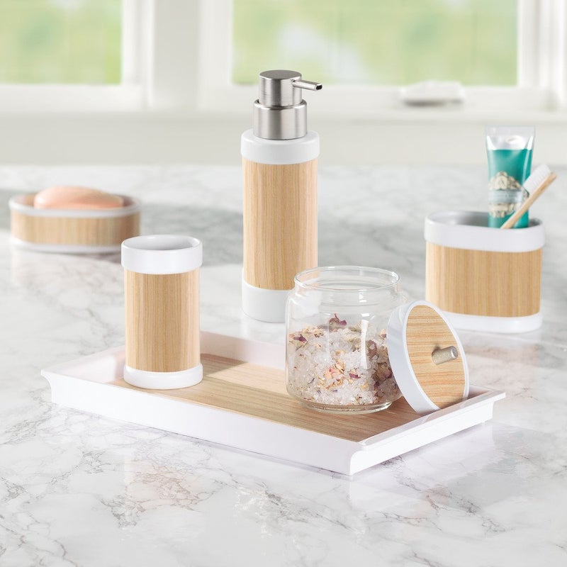 InterDesign RealWood Ceramic Tumbler Cup for Bathroom Vanity Countertops WhiteLight Wood Finish - Image 4