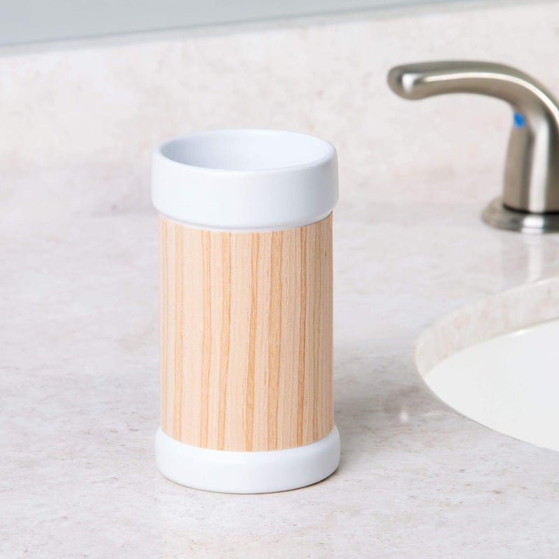 InterDesign RealWood Ceramic Tumbler Cup for Bathroom Vanity Countertops WhiteLight Wood Finish - Image 3