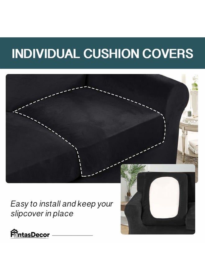 FantasDecor غطاء أريكة فاخر من 3 قطع من المخمل السميك مع غطاء وسائد منفصل | غطاء أريكة ليفينغ روم، مؤمن بأحزمة (ليفينغ روم، أسود) - Image 4