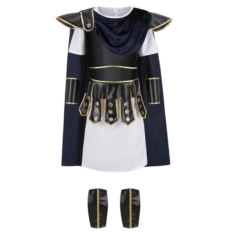 maxToonrain Gladiator Costume for Kids Centurion Roman Soldier Outfit Viking Medieval Greek Historical Theme Role Playing Party - Includes Tunic, Armour, Cape, Arm and Leg Guards (Black, 6-7 Year) - Image 1