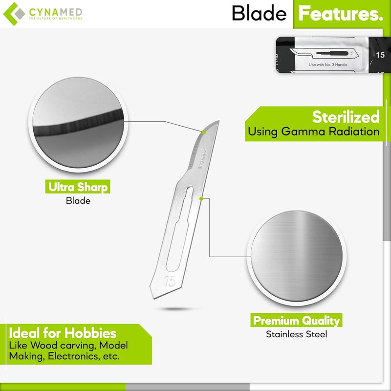 CYNAMED علبة من 100 شفرة مشرط معقمة من الفولاذ الكربوني مغلفة بشكل فردي - Image 2