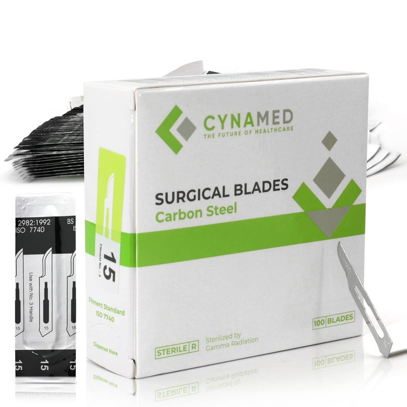 CYNAMED علبة من 100 شفرة مشرط معقمة من الفولاذ الكربوني مغلفة بشكل فردي - Image 1