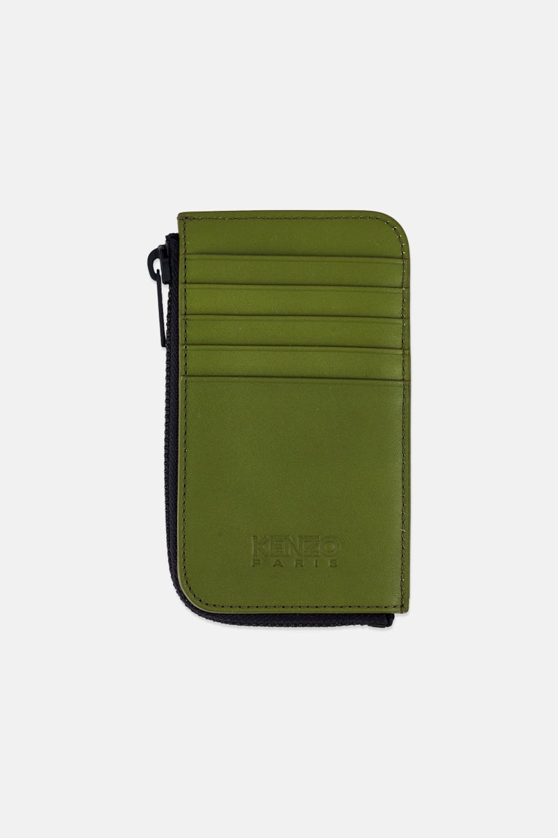 Kenzo Men Leather Floral Print Zip Card Holder, Olive  - Image 2