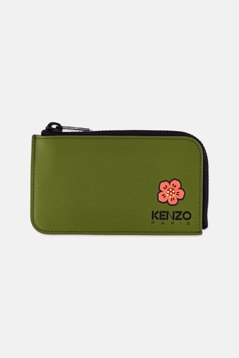 Kenzo Men Leather Floral Print Zip Card Holder, Olive  - Image 1