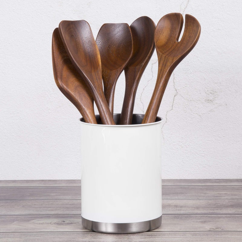 Creative Home Heavy Gauge Weighted Base Stainless Steel Tool Crock Utensil Holder Flatware Organizer  Large  5"" Diam. x 6.3"" H (White) - Image 2