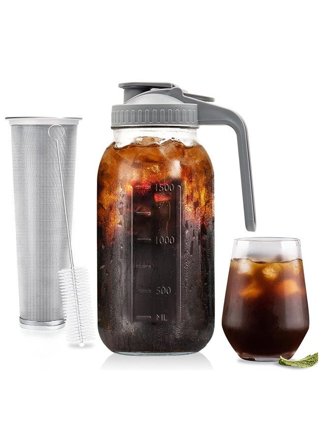 Osowake Cold Brew Coffee Maker 64 oz (2 Quart / 1.9 Liter) Mason Jar - Wide Mouth Pitcher with Handle & Stainless Steel Filter for Coffee, Iced Tea, Sun Tea, Lemonade, and Homemade Fruit Drinks - Image 1