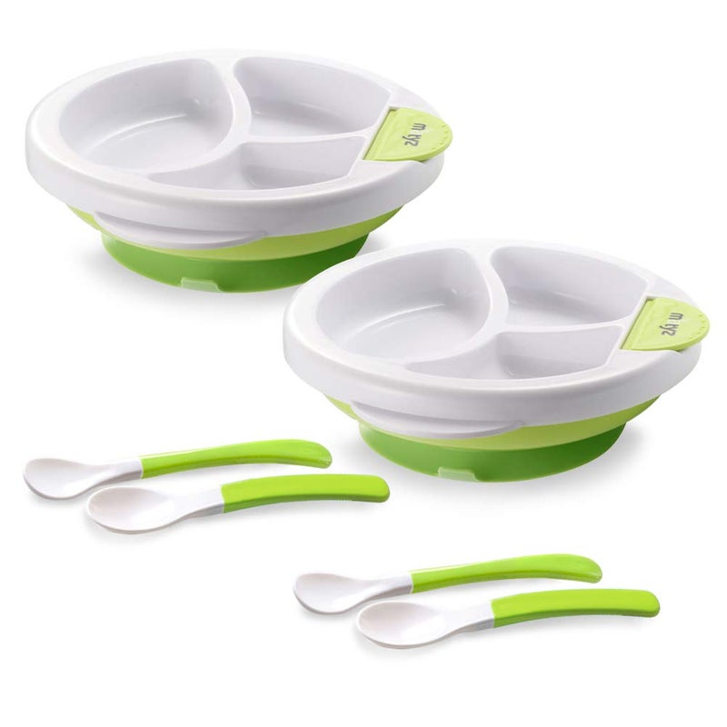 Matyz 2-Pack Baby Feeding Suction Warm Plate with Draining and Drying Design - Stay Put Divided Plate for Kids - Including 2 Toddler Plates and 4 Spoons - Microwave & Dishwasher Safe (Green) - Image 1