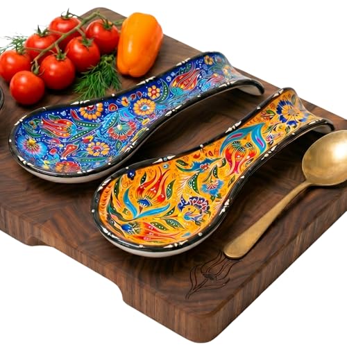 Ayennur Handcrafted Turkish Ceramic Spoon Rest Set of 2-9" Large Spoon Holder for Stove Top - 100% Lead-Free & Heat Resistant - Decorative Ottoman Tulip Patterned Utensil Rest - Dishwasher Safe - Image 1