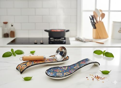 Ayennur Handcrafted Turkish Ceramic Spoon Rest Set of 2-9" Large Spoon Holder for Stove Top - 100% Lead-Free & Heat Resistant - Decorative Ottoman Tulip Patterned Utensil Rest - Dishwasher Safe - Image 4