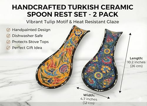 Ayennur Handcrafted Turkish Ceramic Spoon Rest Set of 2-9" Large Spoon Holder for Stove Top - 100% Lead-Free & Heat Resistant - Decorative Ottoman Tulip Patterned Utensil Rest - Dishwasher Safe - Image 2