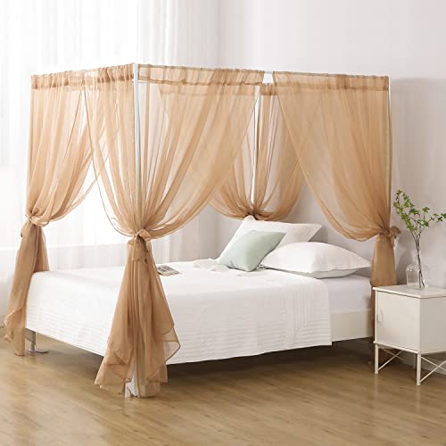 WANFASO Princess Chiffon Bed Canopy, Canopy Curtains for Queen Bed Adults, 4 Post Bed Drapes Room Decor(Light Coffee) - Image 1