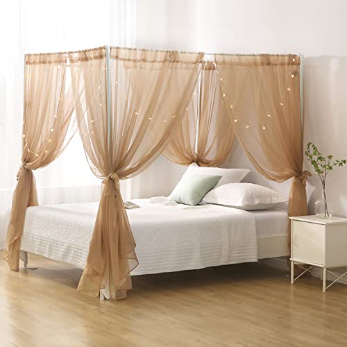 WANFASO Princess Chiffon Bed Canopy, Canopy Curtains for Queen Bed Adults, 4 Post Bed Drapes Room Decor(Light Coffee) - Image 2