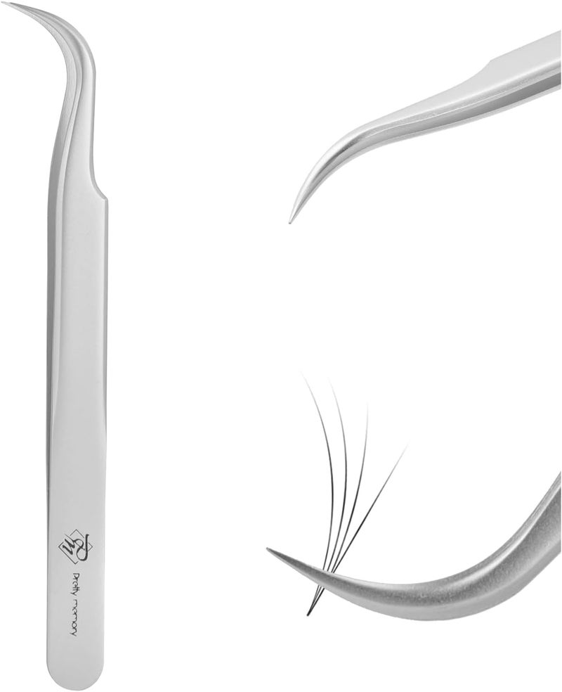 ملقط رموش ذاكرة جميلة، ملقط منحني للاحترافية، دقة عالية من الفولاذ المقاوم للصدأ، ملقط تمديد الرموش، فضي