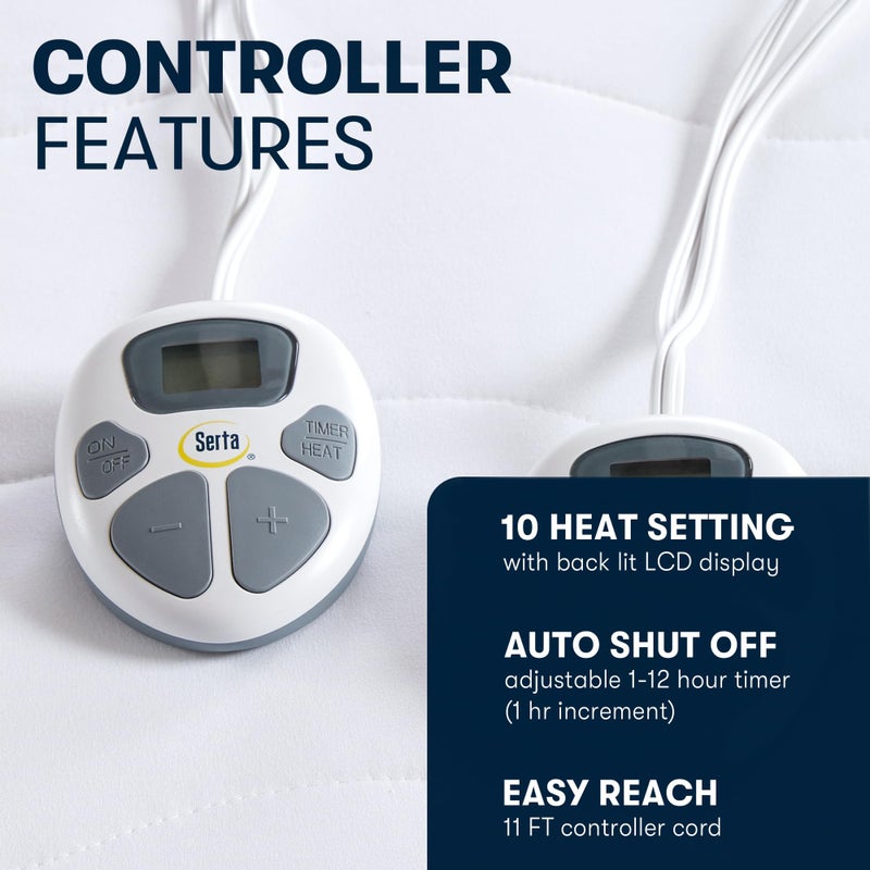 Serta Heated Mattress Pad Queen Size - Electric Mattress Pad, 10 Heat Setting Controller, Auto Shut Off Timer, Deep Elastic Pocket, Up to 17" Mattress, ETL Certified, Machine Wash, Queen, White - Image 5