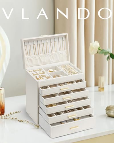 VLANDO 6 Layer Large Jewelry Box Jewelry Holder Organizer Jewelry Box Organizer for Drawer Necklace Ring Bracelet and Watch Birthday Gift for Loved Ones Beige - Image 3