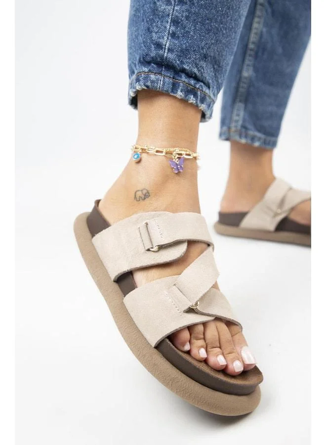 Tulipan Women's Genuine Leather Beige Slipper.