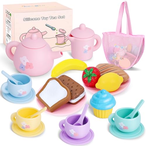 PRE-WORLD Silicone Tea Party Set for Little GirlsPREWORLD 27PCS Toys Toddler Tea Set with Play Food Dessert CookiesDoughnutCakeCarrying BagKids Kitchen Pretend Role Gifts for Girls Boys Age 3 4 5 6 - Image 1