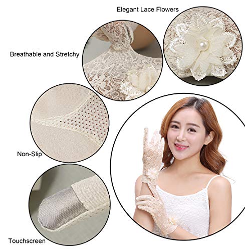 Bienvenu Women's Summer Touch Screen Gloves Lace Anti-skid Outdoor Driving Tea Party Gloves, Beige - Image 4