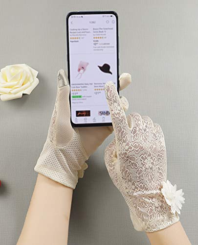 Bienvenu Women's Summer Touch Screen Gloves Lace Anti-skid Outdoor Driving Tea Party Gloves, Beige - Image 3