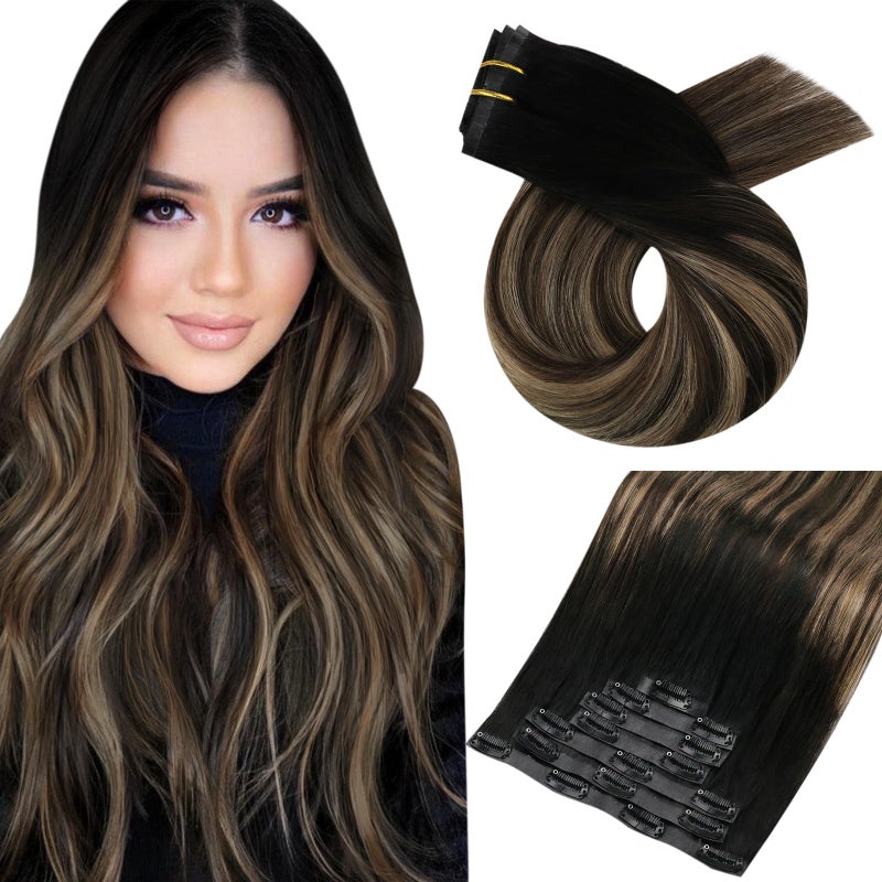 Moresoo Seamless Clip in Hair Extensions Human Hair Balayage Remy Straight PU Weft Human Hair Clip in Extensions Full Head Ombre Black to Brown with Caramel Blonde 7pcs120g 14inch