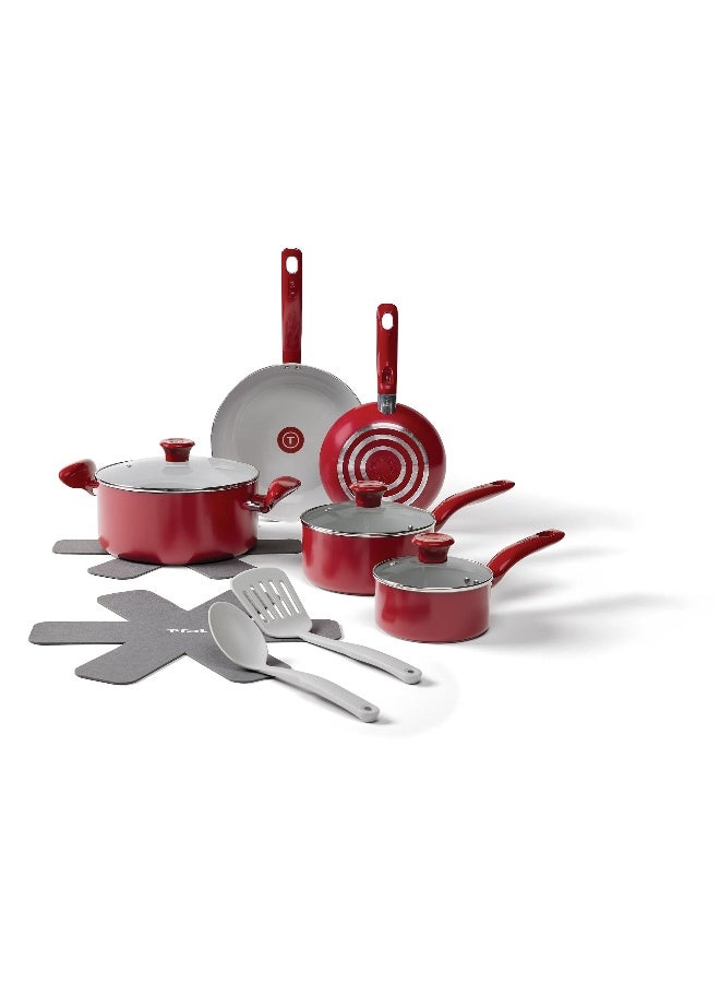 T-fal Simply Cook Ceramic Non-Stick, 12 Piece Pots and Pans Cookware Set, Red Tanin, Rasberry Compote, C499SC64 - Image 1