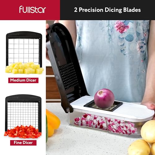 Fullstar آلة تقطيع الخضار فولستار للمطبخ - قاطع الخضار، بصل، بطاطس، فواكه وخضروات مع حاوية، أدوات وإكسسوارات المطبخ، أساسيات المنزل (10 في 1، أبيض/أسود) - Image 2