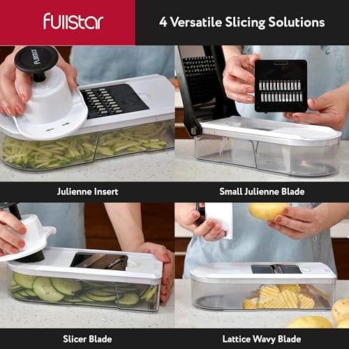Fullstar آلة تقطيع الخضار فولستار للمطبخ - قاطع الخضار، بصل، بطاطس، فواكه وخضروات مع حاوية، أدوات وإكسسوارات المطبخ، أساسيات المنزل (10 في 1، أبيض/أسود) - Image 3