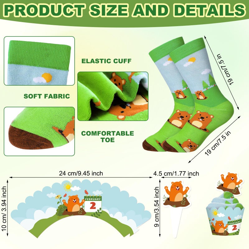 Glitopper 24 Pairs Groundhog Cupcake Socks Groundhog Day Gifts for Women Men Funny Novelty Crew Socks Spring Party Favors Supplies - Image 3