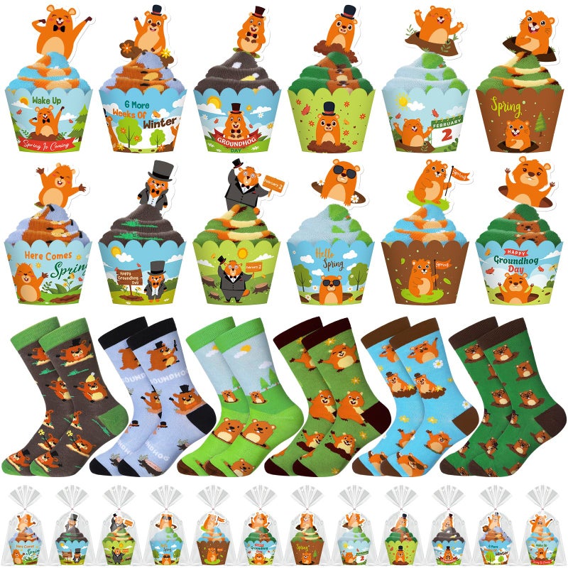 Glitopper 24 Pairs Groundhog Cupcake Socks Groundhog Day Gifts for Women Men Funny Novelty Crew Socks Spring Party Favors Supplies - Image 1