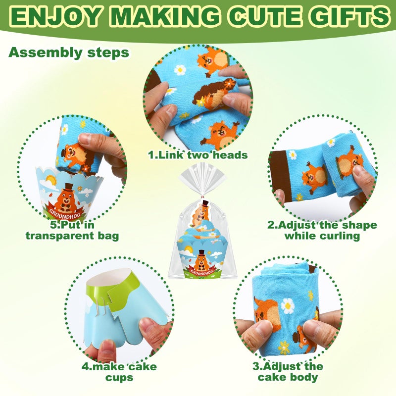 Glitopper 24 Pairs Groundhog Cupcake Socks Groundhog Day Gifts for Women Men Funny Novelty Crew Socks Spring Party Favors Supplies - Image 4