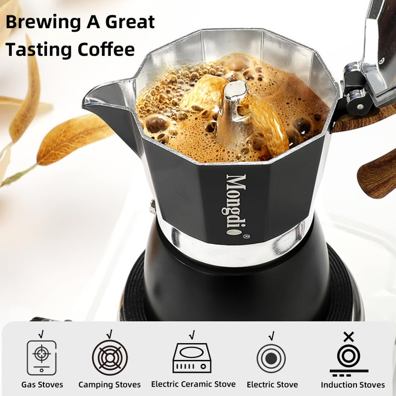 Mongdio Stovetop Espresso Maker Moka Pot, Cuban Coffee Maker Stove top coffee maker Moka Italian Espresso Greca Coffee Maker Brewer Percolator, 3 Espresso Cups, 5 oz - Black - Image 3