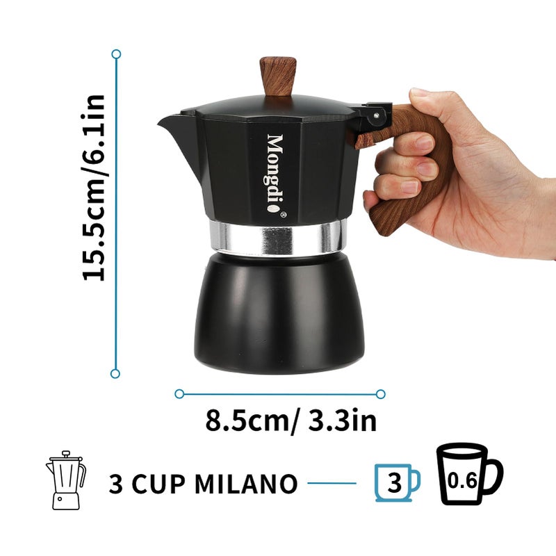Mongdio Stovetop Espresso Maker Moka Pot, Cuban Coffee Maker Stove top coffee maker Moka Italian Espresso Greca Coffee Maker Brewer Percolator, 3 Espresso Cups, 5 oz - Black - Image 4