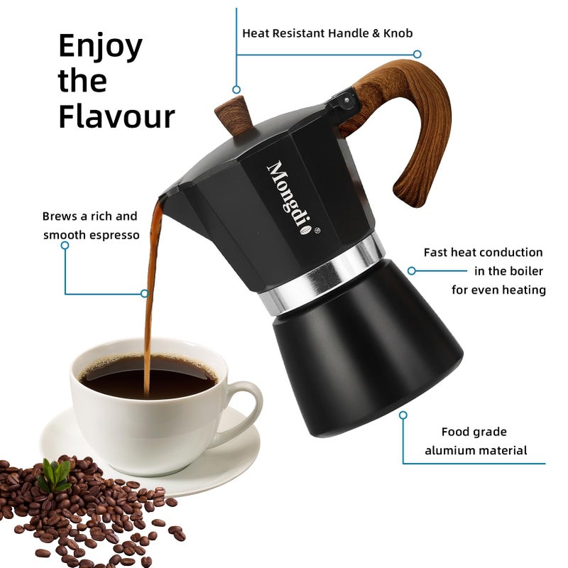 Mongdio Stovetop Espresso Maker Moka Pot, Cuban Coffee Maker Stove top coffee maker Moka Italian Espresso Greca Coffee Maker Brewer Percolator, 3 Espresso Cups, 5 oz - Black - Image 2