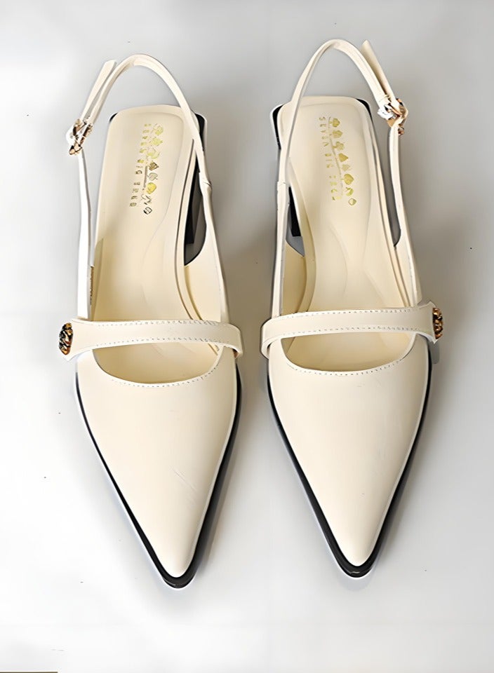 BIGTREE Women's Low Block Heel Shoes With Ankle Strap Comfortable Closed Pointed Toe Slingback  Sandals Cream White - Image 1