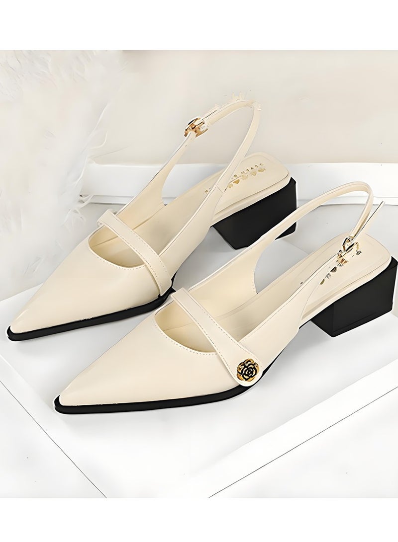 BIGTREE Women's Low Block Heel Shoes With Ankle Strap Comfortable Closed Pointed Toe Slingback  Sandals Cream White - Image 2
