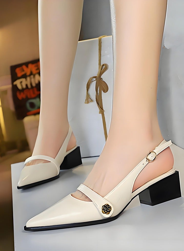 BIGTREE Women's Low Block Heel Shoes With Ankle Strap Comfortable Closed Pointed Toe Slingback  Sandals Cream White - Image 3