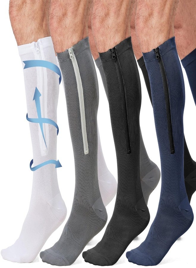 PQJSJDR 4 Pairs Zipper Compression Socks for Women & Men 20-30mmHg Mens Knee High Compression Socks with Zipper Easy to Put On Closed Toe Support Edema Swelling Nurses Travel - Image 1