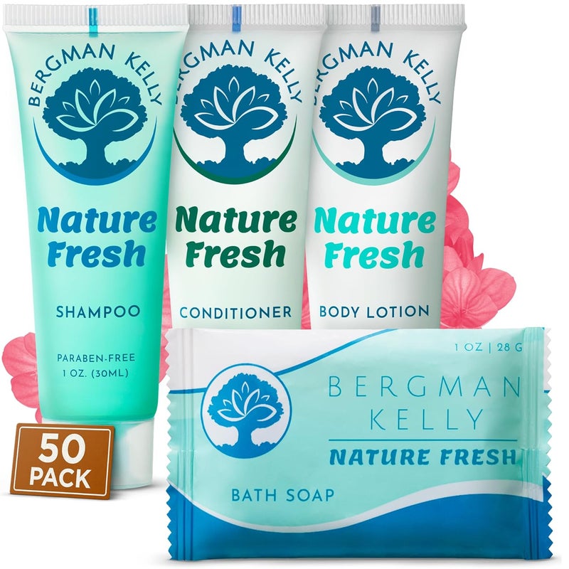 BERGMAN KELLY BERGMAN KELLY Hotel Toiletries Bundle (Nature Fresh, 1 oz each, 200 Pieces) 4-Piece Set: 50 Rectangular Bar Soap, 50 Shampoo, 50 Conditioner & 50 Body Lotion - Bulk Mini Guest Amenities